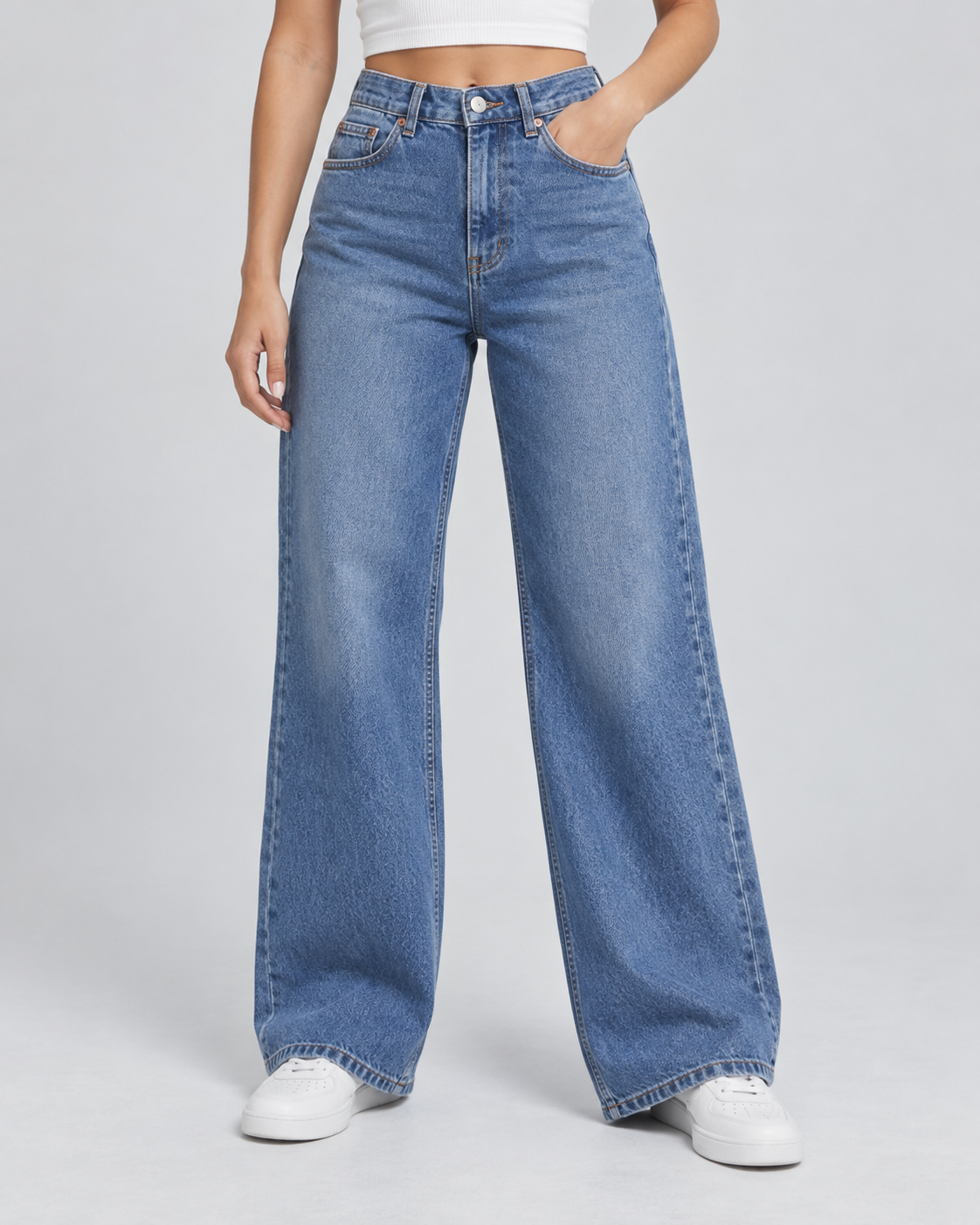 Jeans azules de pierna ancha, producto de demostración