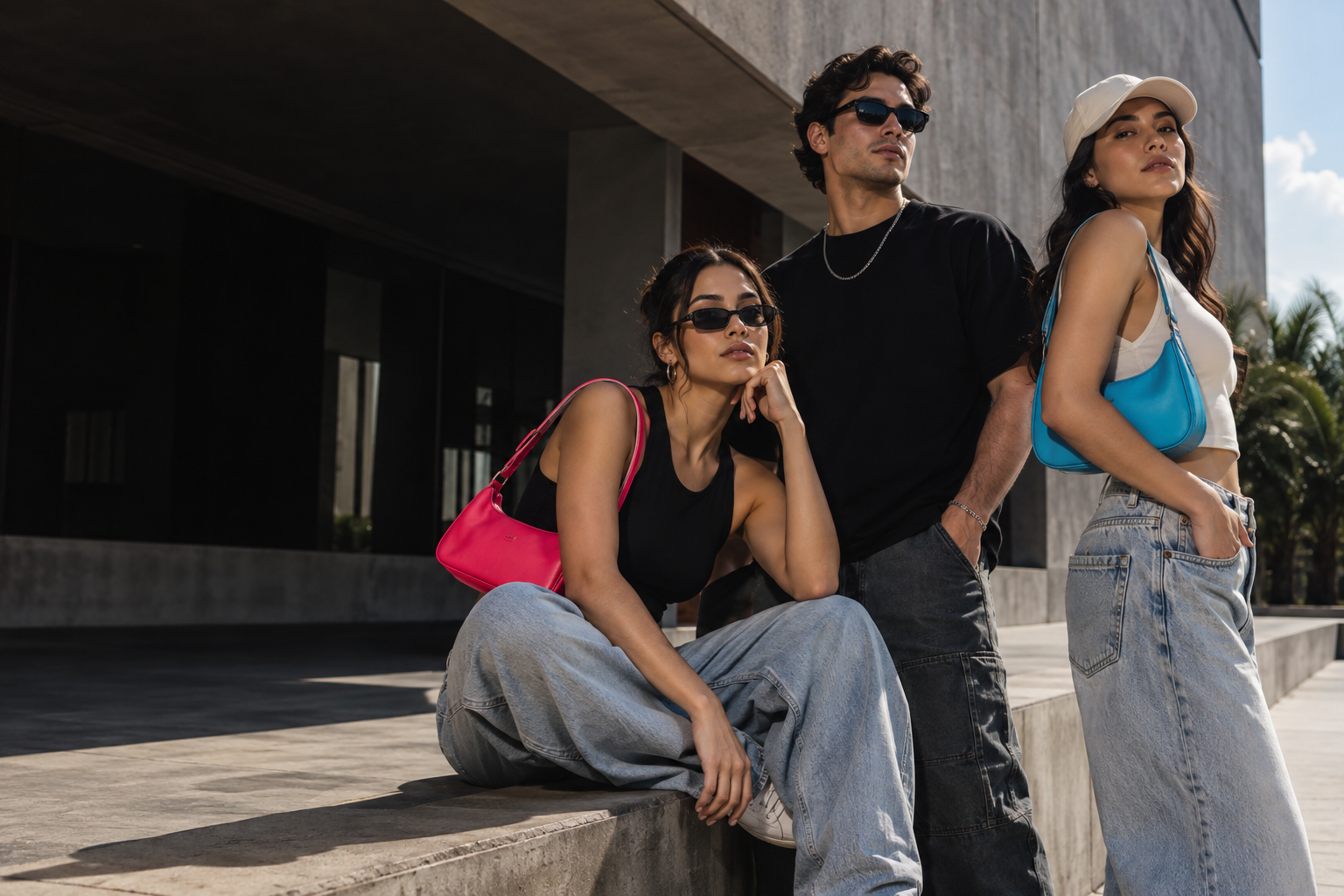 Tres modelos con moda urbana y accesorios en rosa y cian
